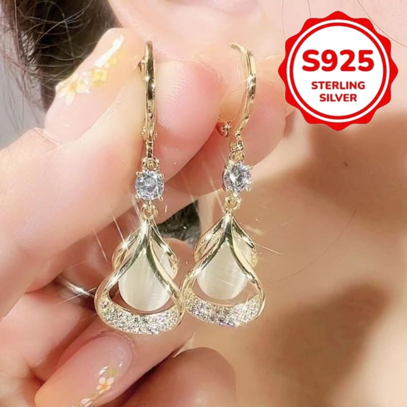 TEMU 1 Pair Of 925 Silvery Set Moissanite Luxury Opal Geometric Earrings Water Drop Earrings Earrings Earrings - Suitable For Daily Wear And Gifting