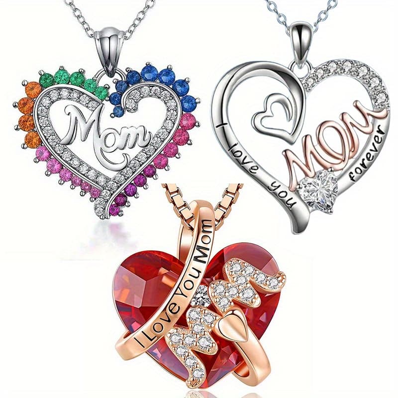 TEMU 3pcs/set Colored Heart-shaped Mom Pendant Necklace For Day Gifts, Daily Accessories, Jewelry