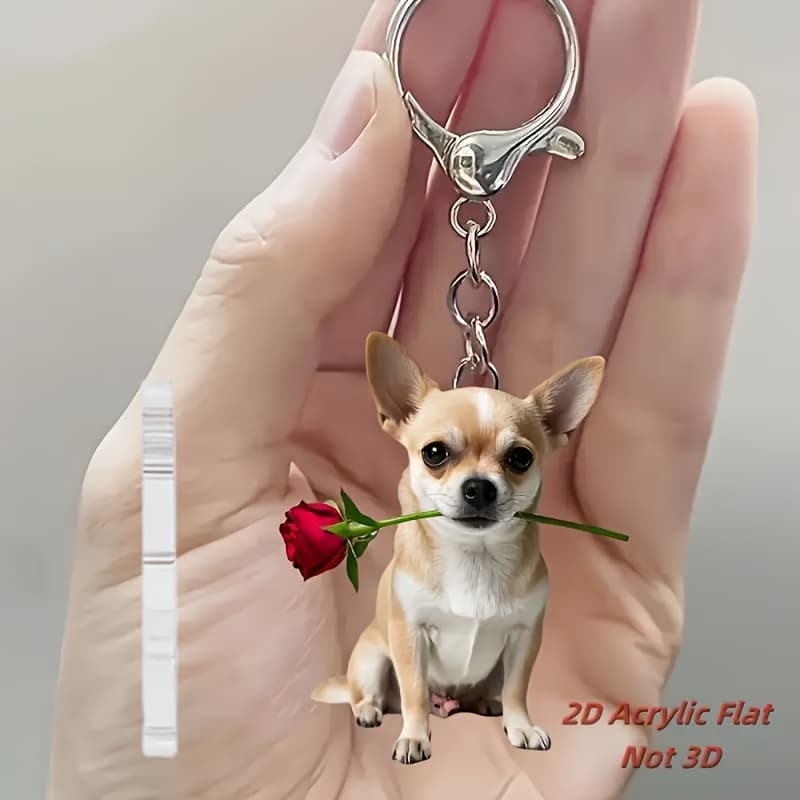 TEMU 1pc 2d Flat Cute Puppy Holding Flowers Acrylic Keychain, Adorable Flat Key Ring Ornament For Backpacks, Car Keys And Gifts For Pet Lovers, 2d Flat