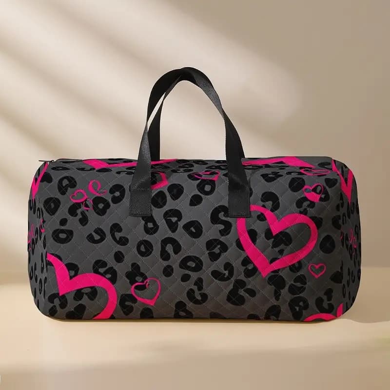 TEMU 1pc Large Capacity & Men's Leopard Print & Heart Duffle Bag - Lightweight Polyester Gym Bag With Shoe Compartment, Portable Overnight Travel Bag Suitable For Yoga, Training, Gift For , Holidays,