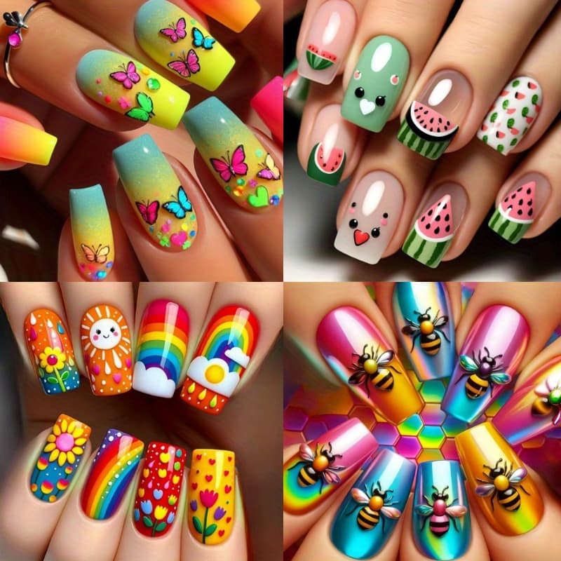 TEMU Medium Square Press On Nails Spring Summer Fake Nails With Watermelon Bee Colorful Polka Dot Glossy Acrylic Nails Cute Glue On Nails Full Cover Stick On Nails For Women 96pcs (4pcs)