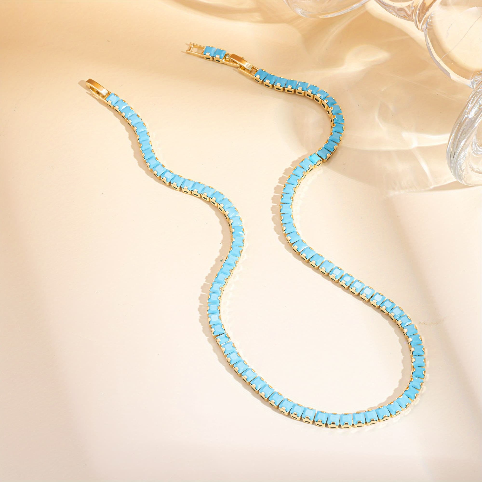 TEMU 1pc Of Spring And Summer Fashion Elegant Square Blue Turquoise Necklace, Retro Bohemian Style Necklace, Extension Detachable Design, Unisex, Copper Hypoallergenic , Exquisite Temperament Jewelry
