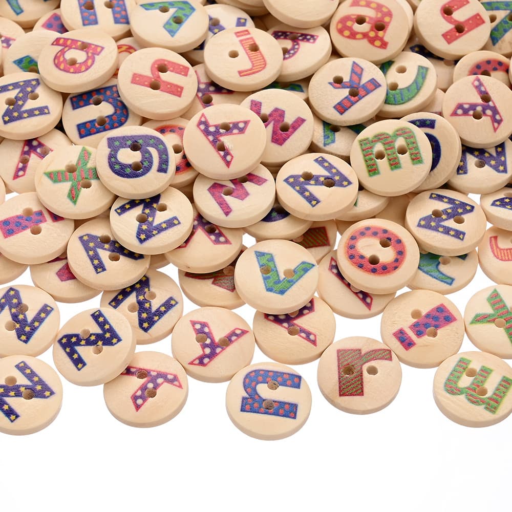 TEMU 100pcs 15mm Wooden Letter Buttons, Random Letters - Double-hole Buttons, Suitable For Crafts, Coats, Shirts, Bags, Holiday/party Decorations, Sewing Supplies