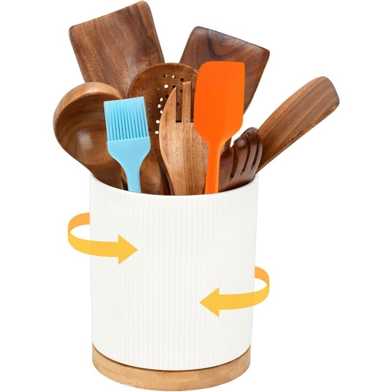 TEMU Modern Ceramic Kitchen Utensil Holder | White Ribbed Design With Bamboo Base, 360-degree Rotating, 6.1 X 6.9 Inch, Storage Crock