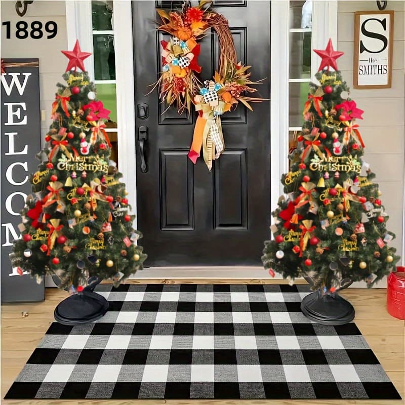 TEMU 1pc Door Mat Washable Mat, Black And White Outdoor Rug With Non-slip Backing, Rubber Non-woven Fabric Floor Mat For Living Room/ Dining Room/ Bedroom, Home Decor, Christmas Door Mat