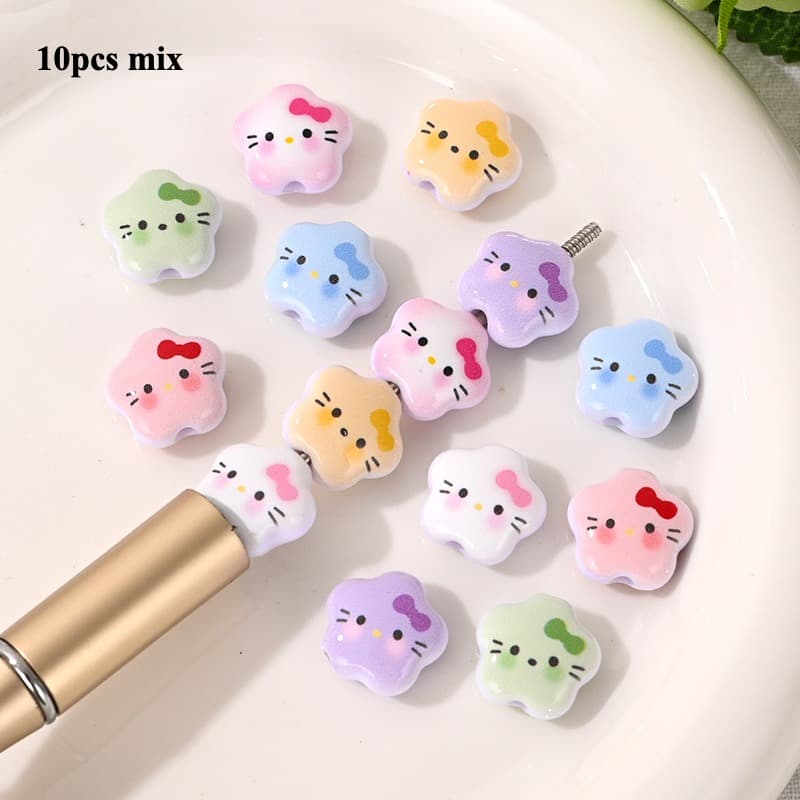 TEMU 10pcs Hello Kitty Cat Printed Small Flower Beads, Used For Jewelry Making, Handmade Mobile Phone Chain Bracelet Necklace Earring Decoration Pen Materials