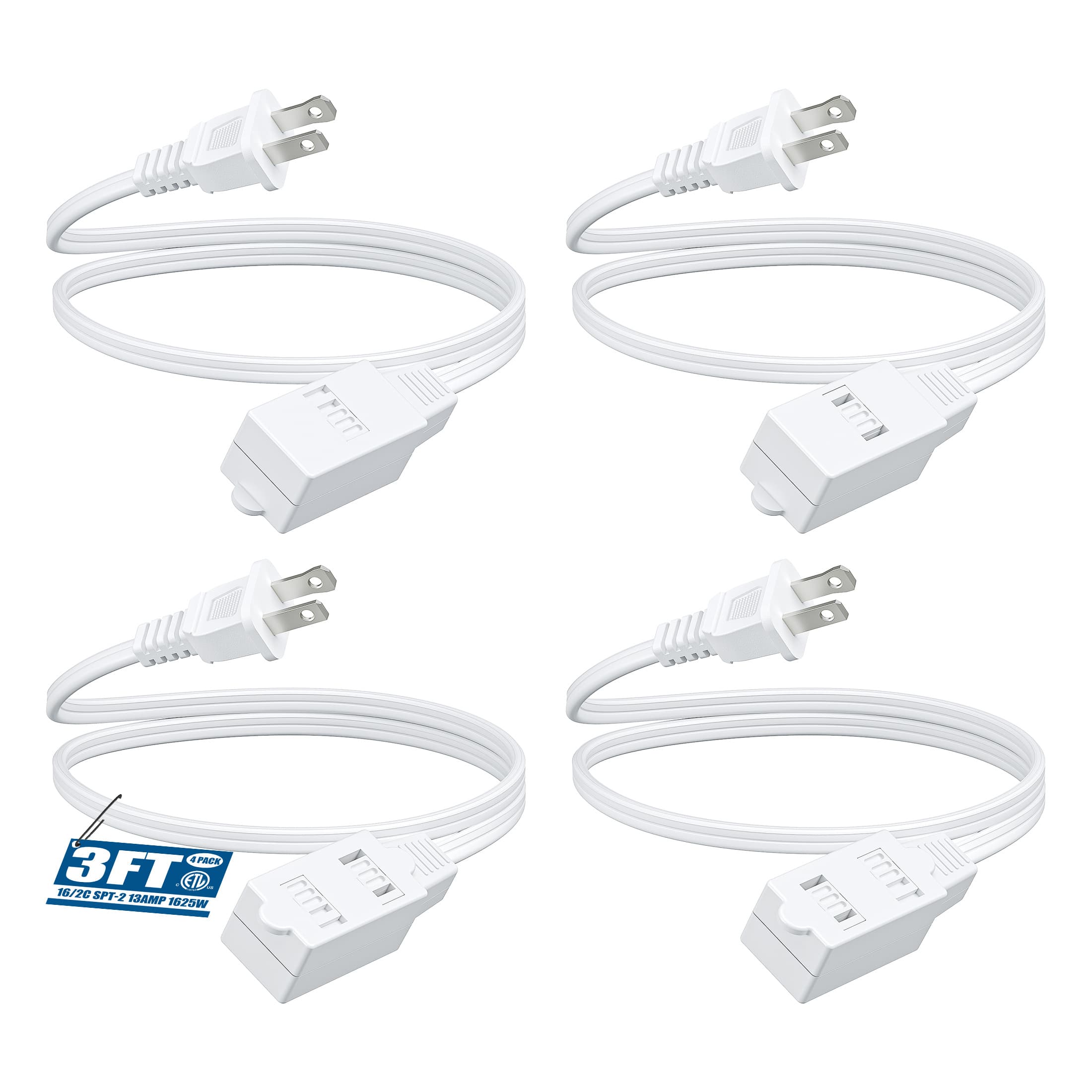 TEMU 4pack 3ft Extension Cord, 2 Prong Outlets Plugs, 16awg Spt-2 Cable, Safety Cover For Home Office Indoor Use