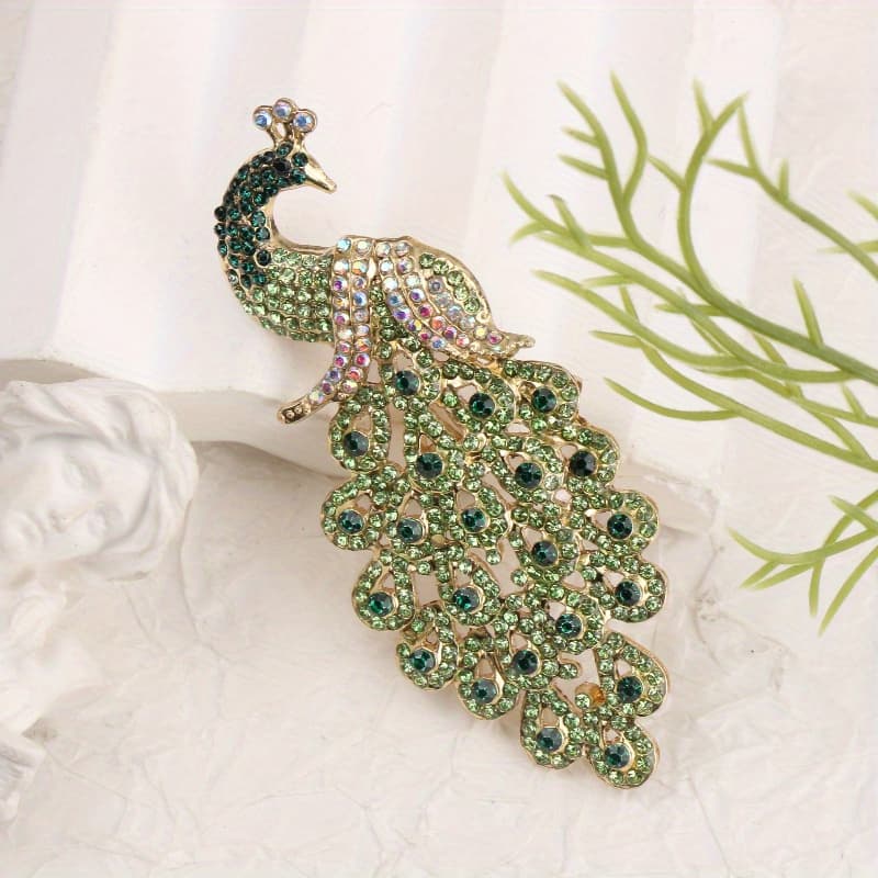 TEMU 1pc Vintage Peacock-shaped Brooch With Green & Colorful Rhinestones, Golden- Irregular Design - Accessory For Outfit/bag Decoration, Perfect Gift For Lover/ /family/