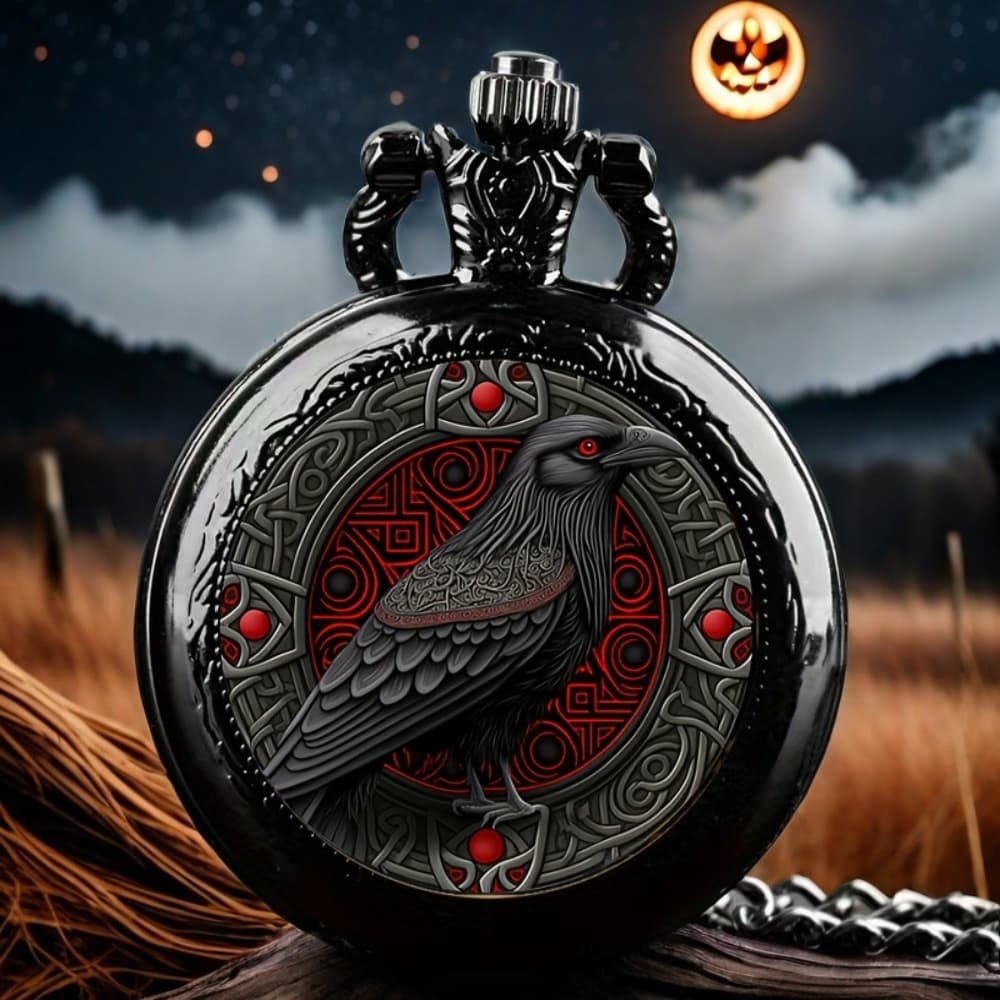 TEMU Elegant Black Necklace Pocket Watch, Creative Dressing Watch, Gothic Design With Red Accents, Perfect For Autumn Forest Aesthetic, Vintage Jewelry, Unique New Year Christmas Birthday Gift