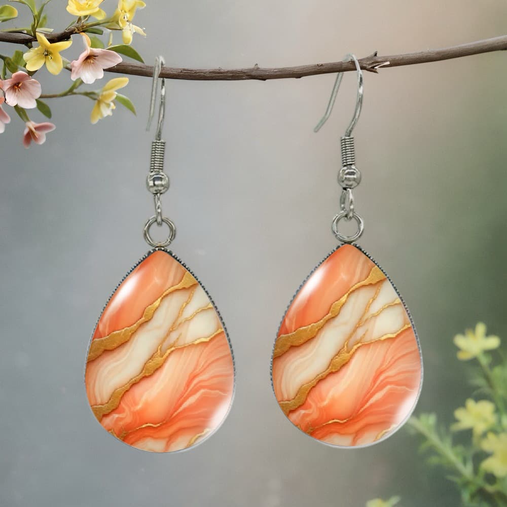 TEMU 1 Pair Of Exquisite Orange-golden Textured Earrings - High-end Artistic Marble Pattern Dangle Jewelry, Exquisite Gift