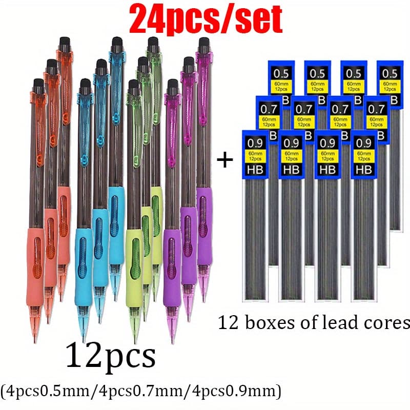TEMU 24pcs/set Quality Comfortable Grip Mechanical 0.5/0.7/0.9mm Pencil Set, Black Hb Pen Core Not Easy To Break, Very Suitable For Sketching, Drawing Tools, Office Stationery, School Supplies