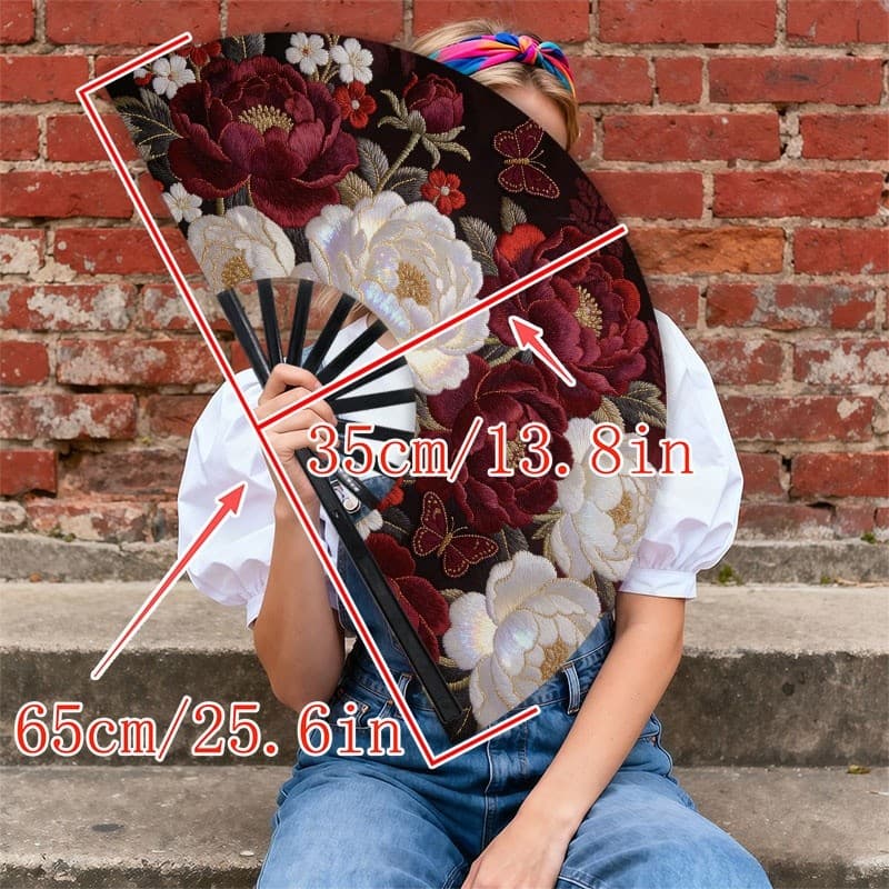 TEMU 1pc Men's Handheld Fan With Ornate Embroidery - Dark Red With Floral & , Portable Cooling Fan Suitable For Daily Use, Outdoor, Travel & - Elegant Cooling Fan For Hot Weather