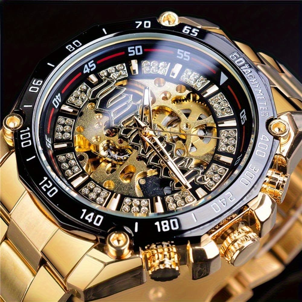 TEMU Men's Luxury Golden Automatic Mechanical Watch With Skeleton Dial, Stainless Steel Strap And -fashion Display, Suitable For Casual Or Business Wear