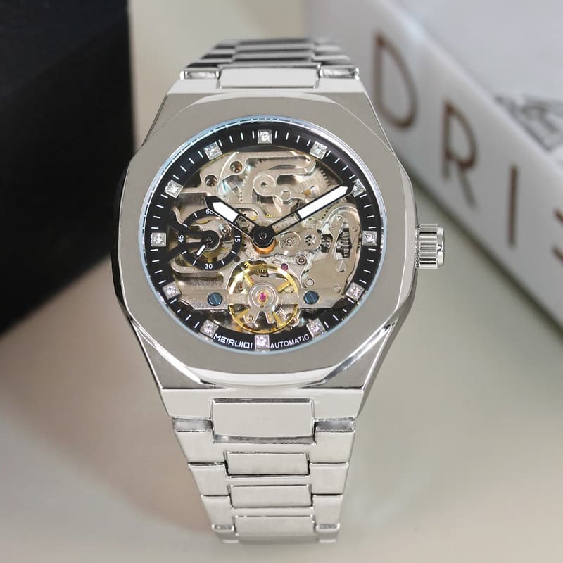 TEMU 1pc Youth Men's Silvery Steel Belt High-end Scale Fully Automatic Tourbillon Mechanical Watch