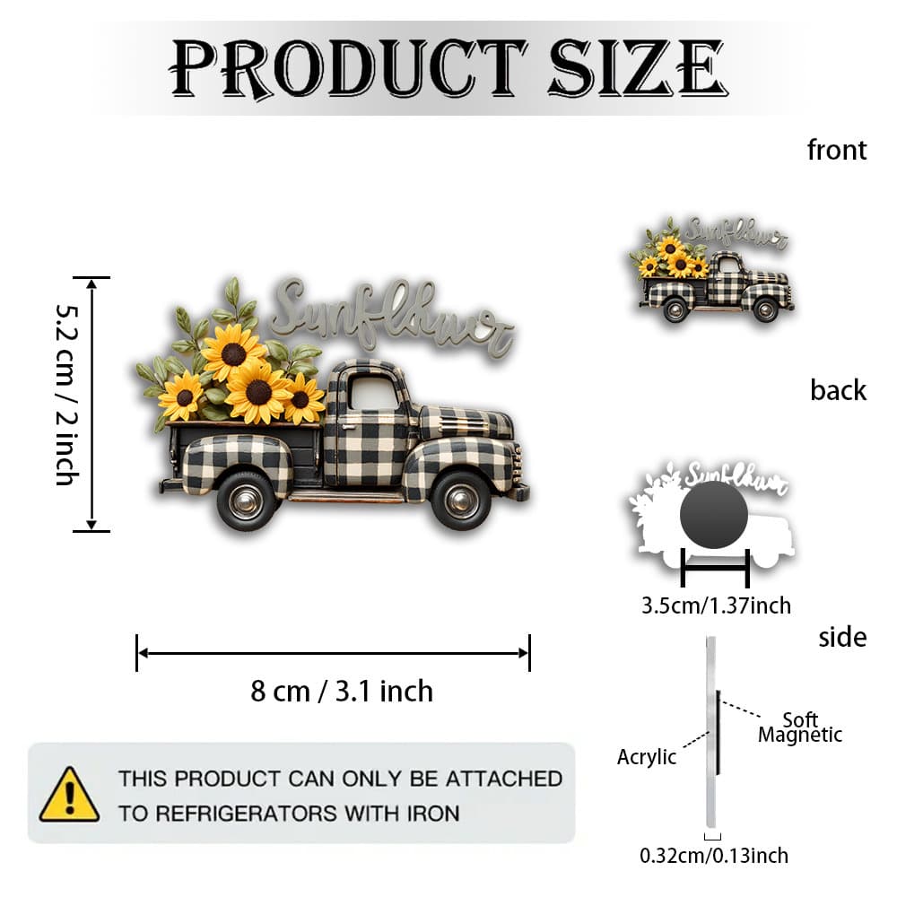 TEMU 1pc Magnet - Checkered Pickup Truck & Sunflower Fridge Magnets, Acrylic Soft Decorative Accent For Fall, Thanksgiving, For Home Decor, Rustic Country Art (<31.7mm), 2d Flat