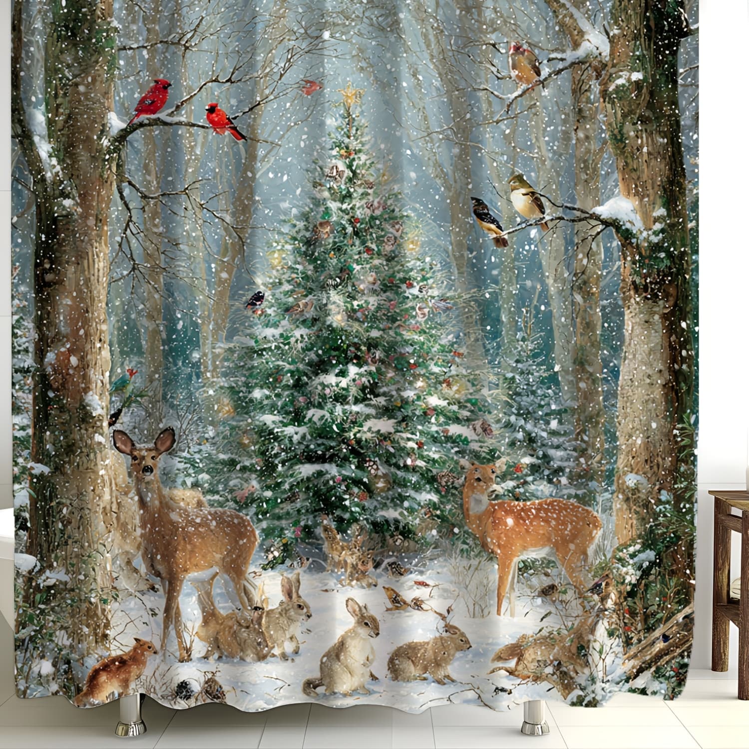 TEMU 2d Flat, 2d Flat, 2d Flat [kaijit] Christmas Snow Animal 2d Printed Shower Curtain, Includes 12 Hooks For Bathroom Use