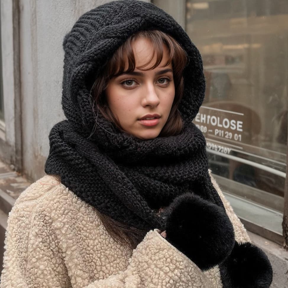 TEMU 2026 Women's Beanie With Attached Scarf And 3 Decorations, Thick And Warm Fleece-lined Hat, Made Of Polyester, Non-stretchable, Machine Washable, Provides Ear Protection For Winter