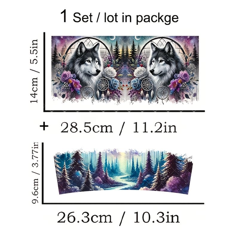 TEMU 2pcs Gray Wolf Bohemian Style Moon Design Uv Dtf Transfer Paper, Suitable For 40oz Glass Transfer- Waterproof And Scratch-resistant, Decoration Kit, Suitable For Glass Cups, Coffee Cups