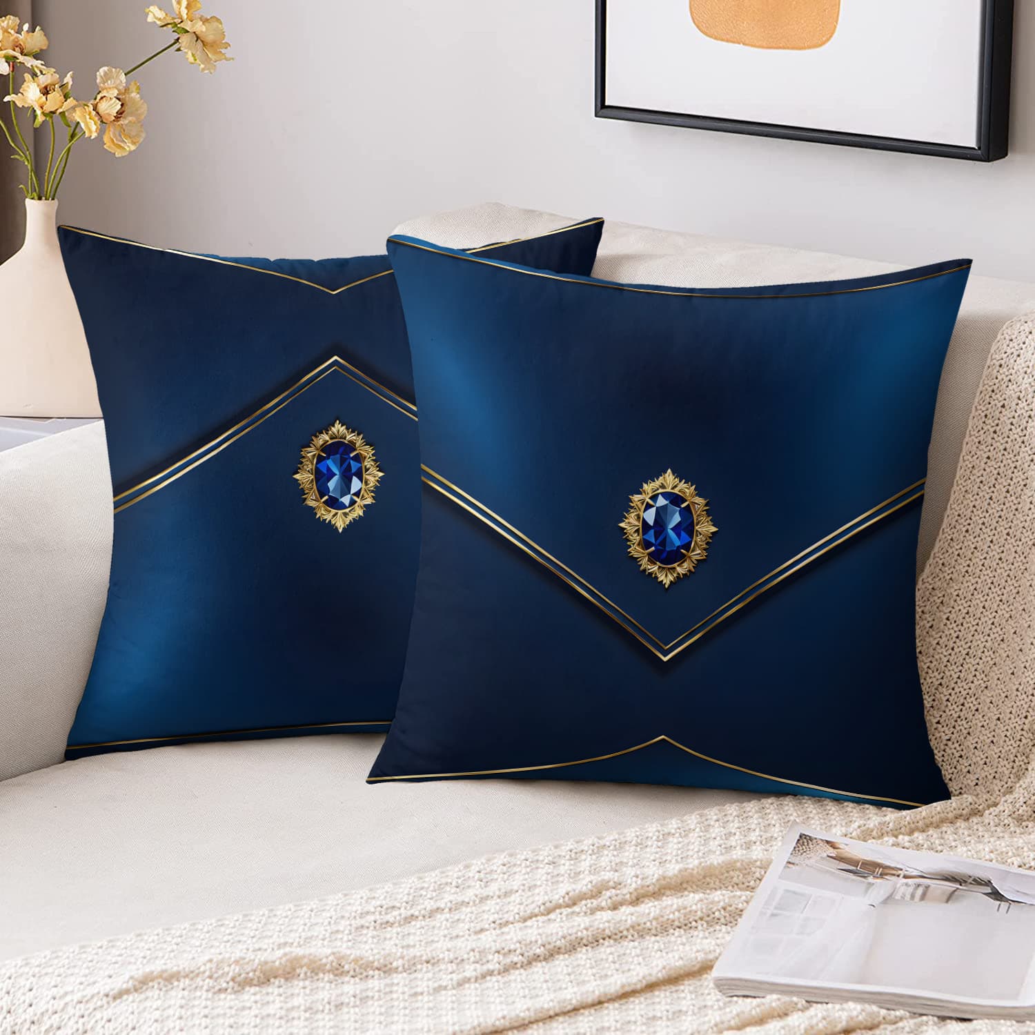 TEMU Set Of 2 Contemporary Art Covers, Measuring 18x18 Inches, Featuring A Color With Golden Highlights And Sapphire Decorations, Printed On , Made Of Soft Polyester