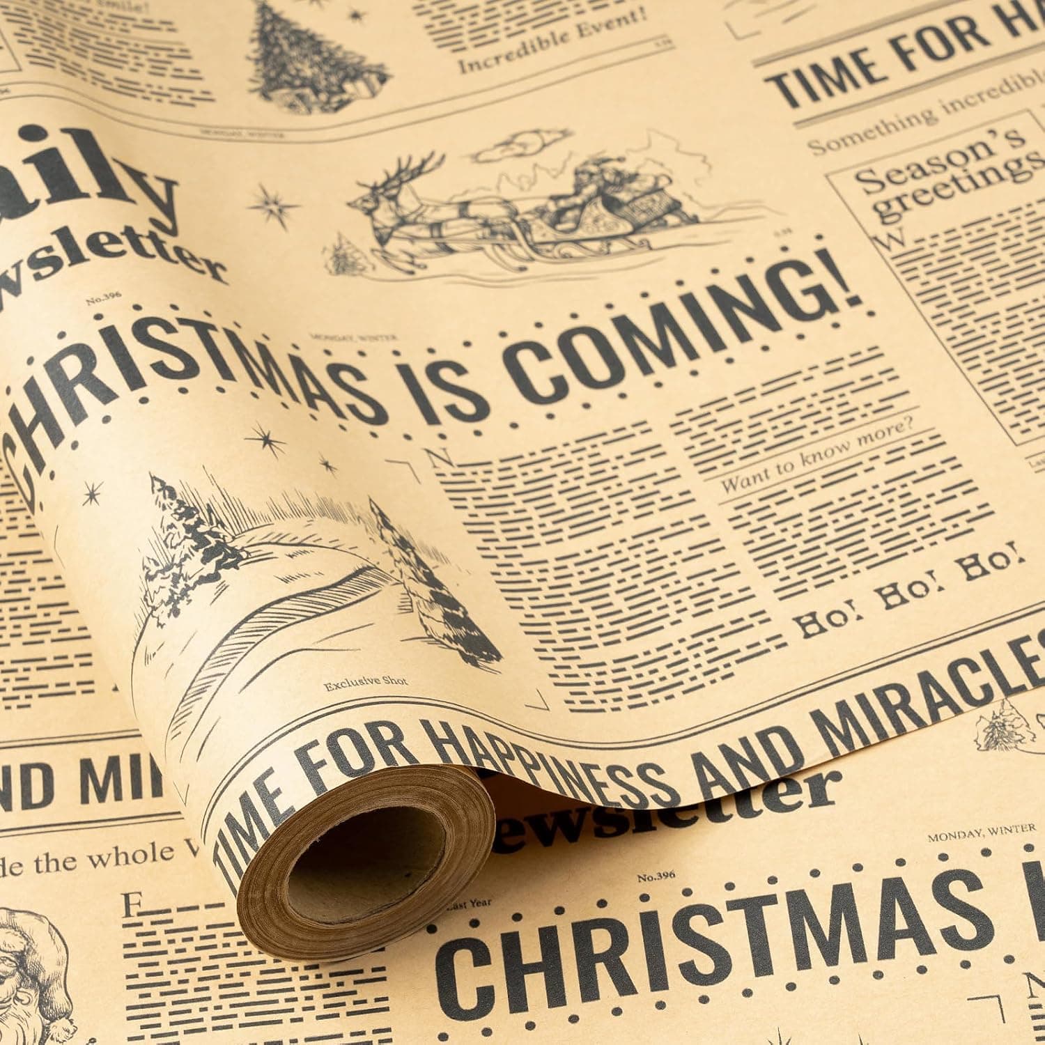 TEMU Vintage Newspaper Christmas Wrapping Paper Roll, Christmas Is Coming With Christmas Tree And Festive Design, For Holiday Party