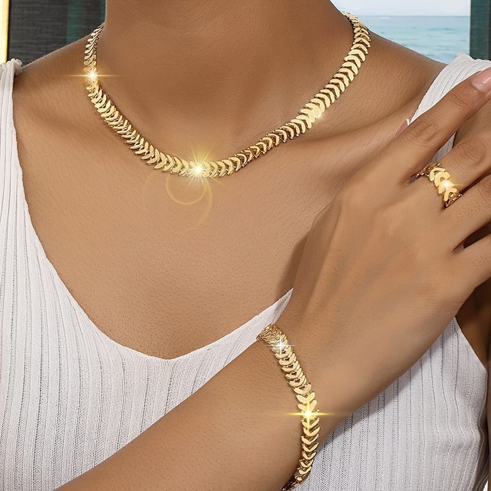 TEMU 3pcs Hip-hop Style Women's Jewelry Set- Necklace, Bracelet, And Ring Combination, Suitable For Casual Wear And Gifting, Essential For Summer Outdoor Wear
