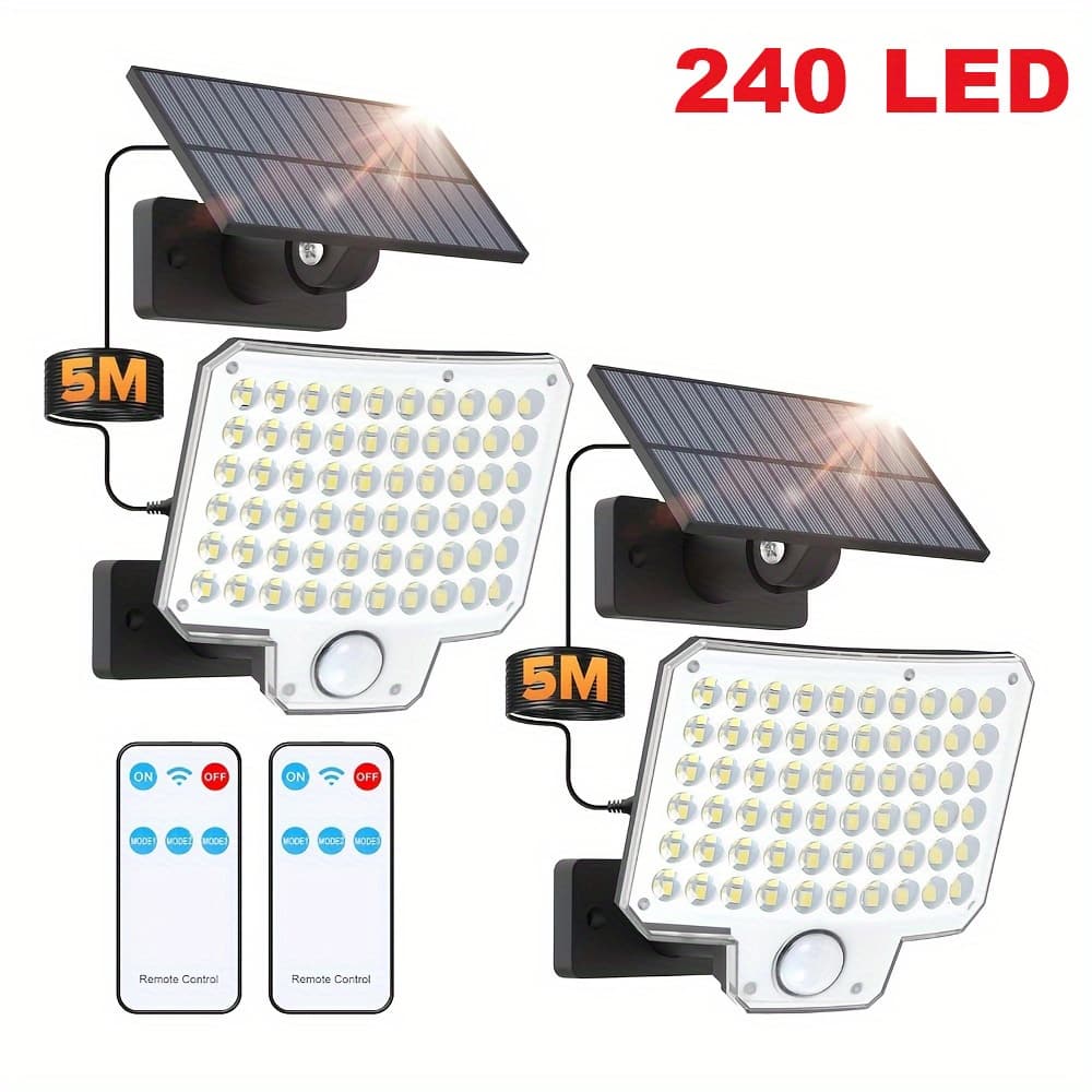 TEMU 1/2pcs Solar Lights Outdoor, 240 Led 3000lm Solar Powered Motion Sensor Outdoor Lights With Remote, 3 Lighting , 16.4ft Cable, Ip65 Waterproof Solar Security Lights For Garden Outdoor Outside