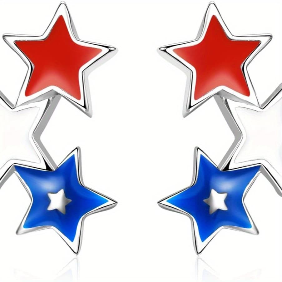 TEMU American Flag Earrings - 925 Sterling Silver - 4th Of For July Earrings - Features A Heart-shaped Star Pattern In Colors - Symbolizes Flag - A Gift For July 4th Day - Suitable For Men To Wear