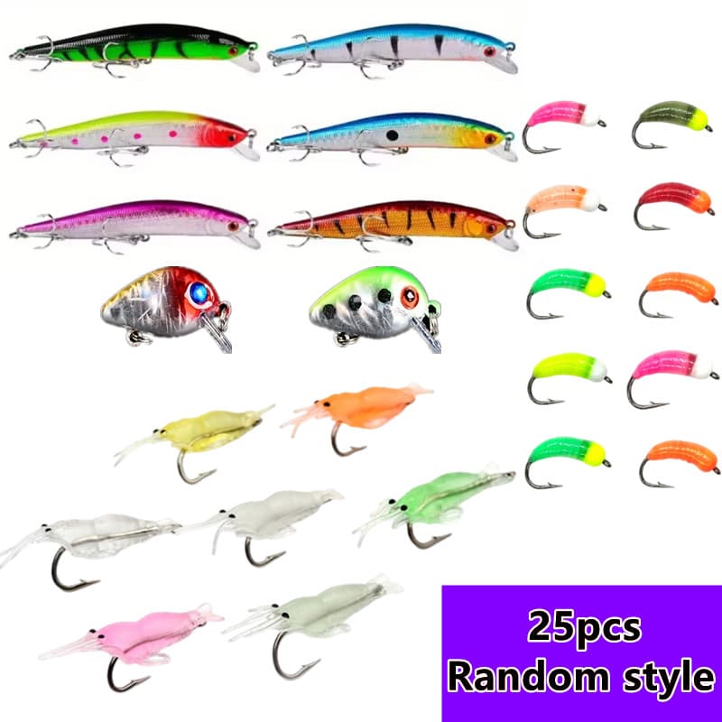 TEMU 25pcs Random Style Fishing Lure Set, Including And Shrimp Bait, Carp Bouncing Bait, Fishing Bait, Mixed Hard Bait, Suitable For , Sea , And Salmon In Freshwater And Saltwater.