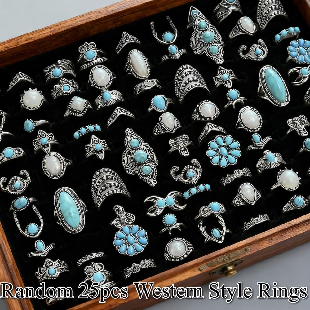 TEMU 25pcs Western Style For Lotus Sun & Turquoise Rings - Adjustable Opening /cowgirl For , Look Mineral (no Plating Required) - Bulk Pack For Parties/daily Wear
