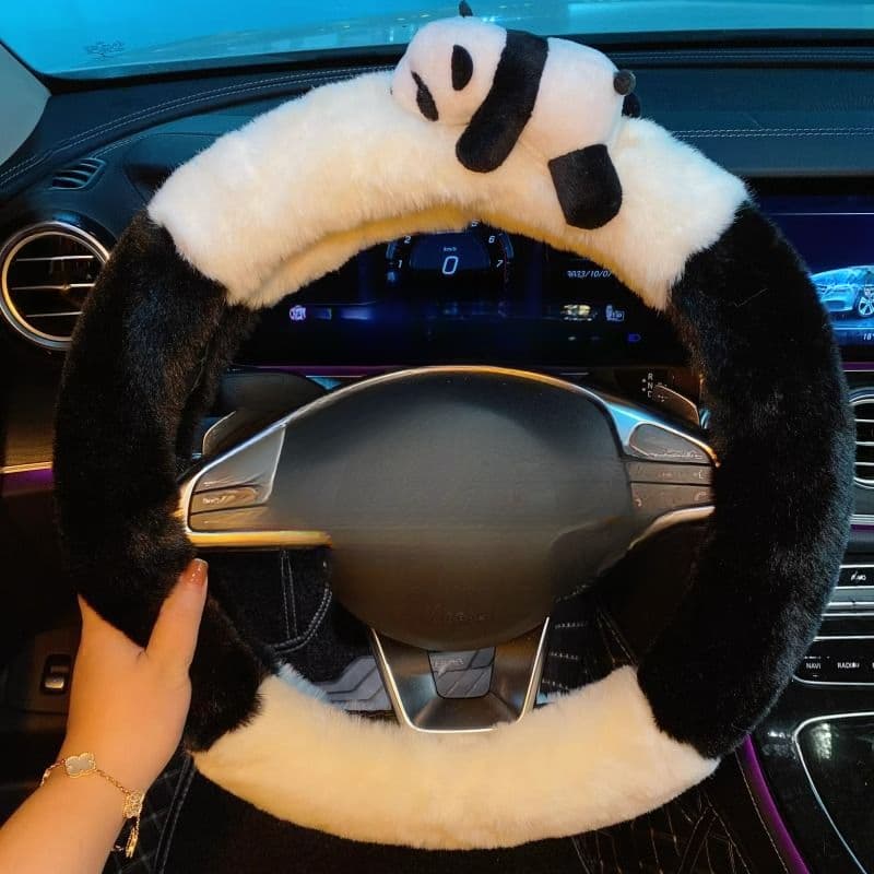 TEMU High-end Fashion Black And White Plush Steering Wheel Cover, Warm In Winter Interior Cold Steering Wheel Cover, Anti-freezing Hand Car Interior Accessories In Winter, Experience, Steering, C
