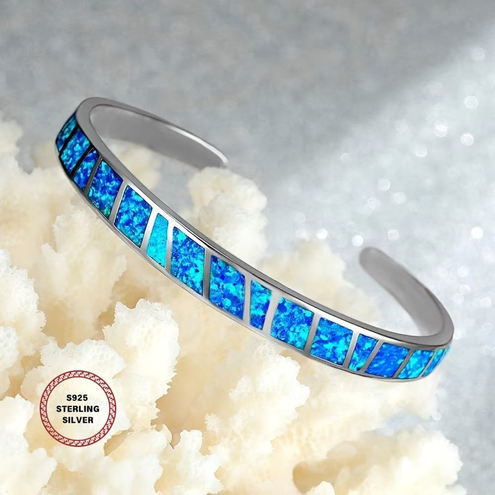 TEMU A Vintage Bracelet Made Of 925 Silver Featuring A Blue Opal, With An Adjustable Chain. This Elegant And Versatile Piece Of Jewelry Is Use Or Special Occasions, Making It And Durable Accessory