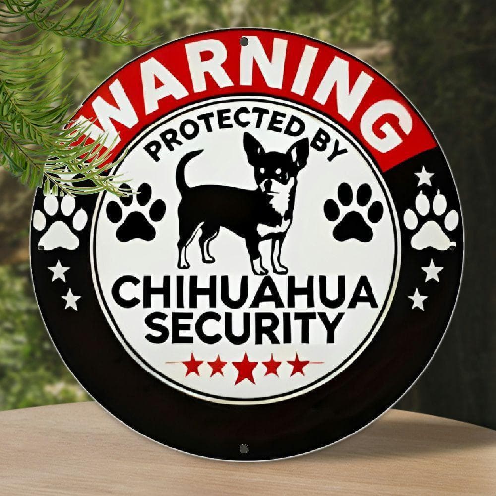 TEMU Chihuahua Security Warning Sign - Durable Aluminum Round Wall Art With "warning Protected By Chihuahua Security" Design, 20x20cm, Home, Bar, Cafe, Or Garage Decor, Chihuahua Decor