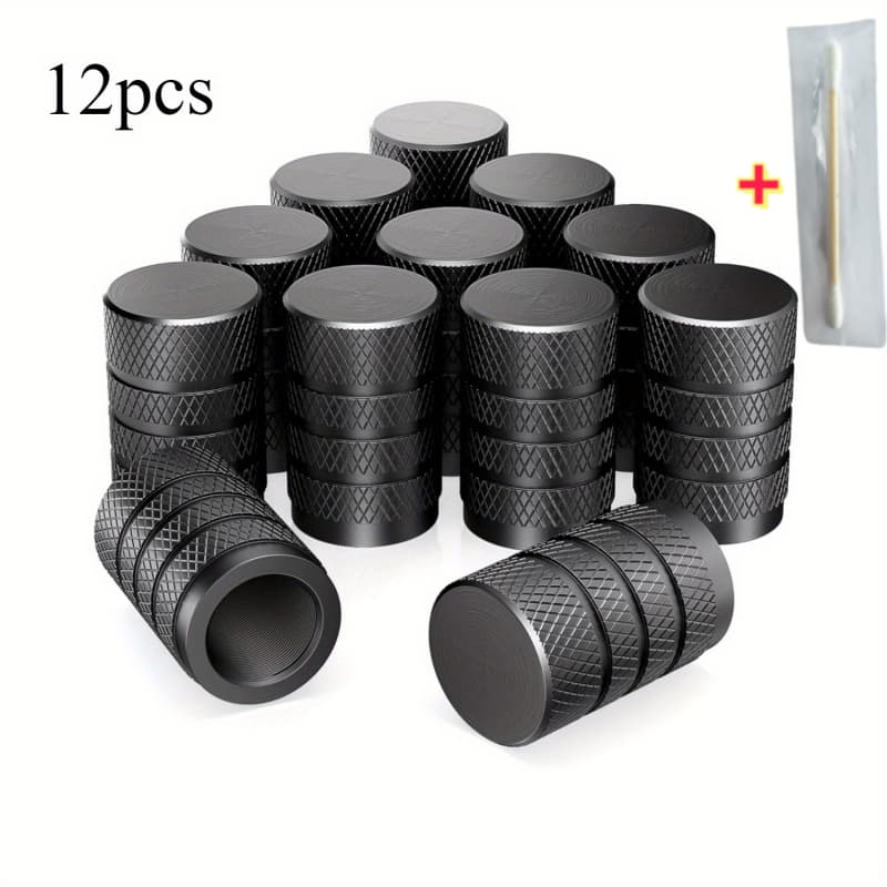 TEMU 12pcs Black Metal Tire Valve Caps+1pc Cleaning Rod, -resistant, Leak-proof, Dust-proof, Universal For Cars, Trucks, Motorcycles, Suvs, Bicycles- Protects Against Dust And Moisture