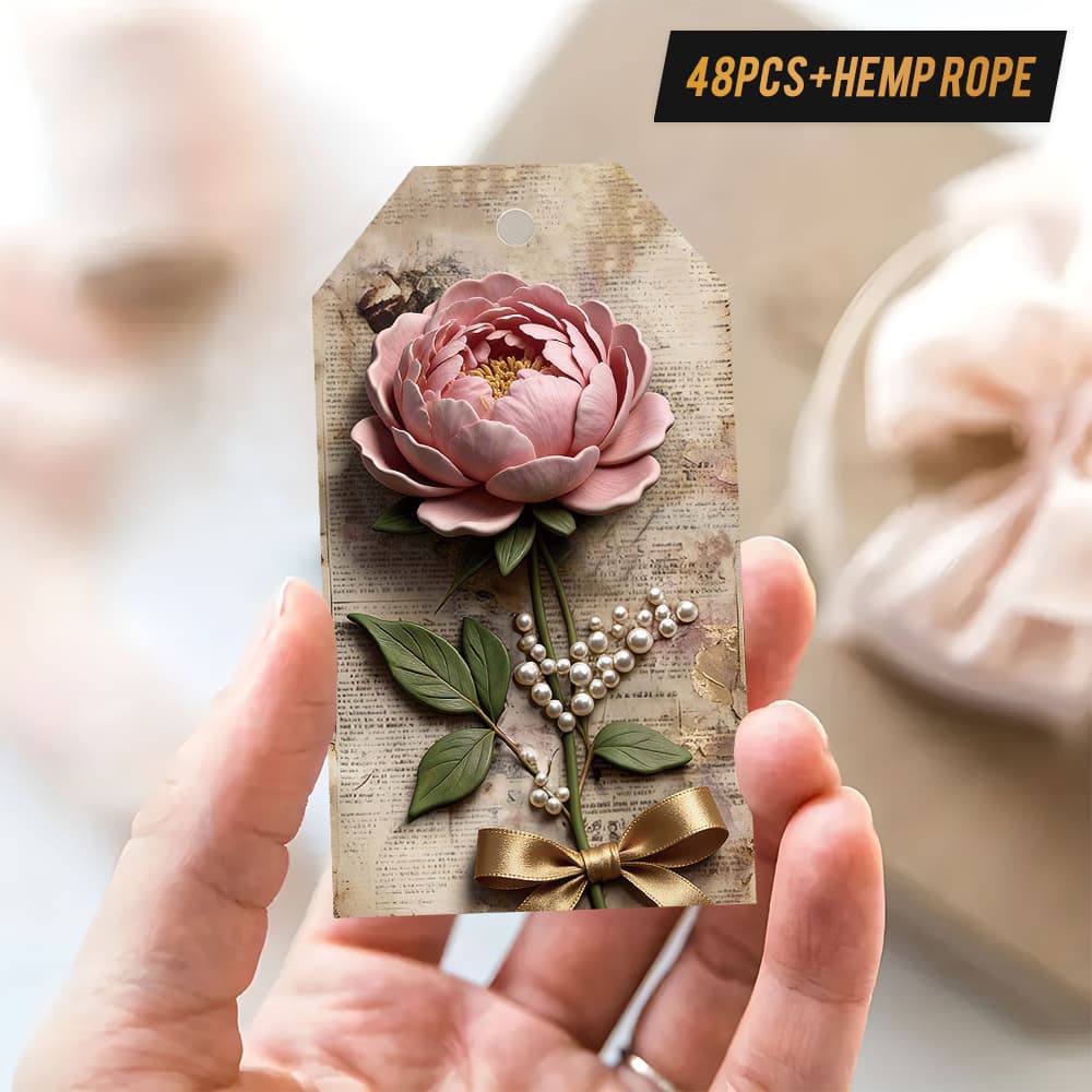 TEMU 48pcs Elegant Gift Tags With Pearl Beads & Bows - Vintage Pearl- Peonies, Hemp Rope For Tying, Durable Paper Tags Suitable For Wedding,, Shower, Corporate Events - Supplies