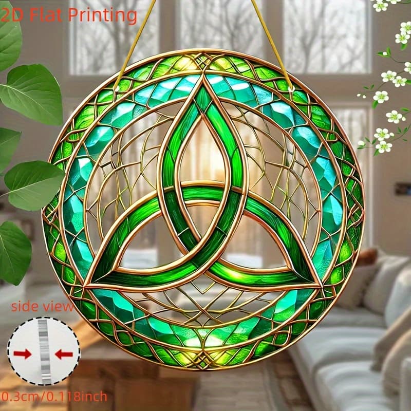 TEMU 2d Flat, 1pc Celtic Knot Acrylic Sun Catcher - Green & Golden 's Day Window Hanging Decor, Bohemian Style Wall Art For Home Office Porch Patio, Father's Decoration, For Women, 2d Flat