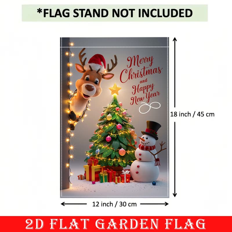 TEMU 2d Flat - 2d Flat - A 2d Flat Banner Featuring A Christmas Reindeer And Snowman In Red And Green, Designed For Outdoor Use As A Garden Flag. It Measures 12x18 Inches, Is Double-sided And Durable