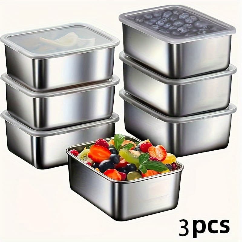 TEMU 3pcs Stainless Steel Food Storage Containers With Lids, Leak-proof And Stackable, Suitable For Outdoor Camping, Family , Office, And School