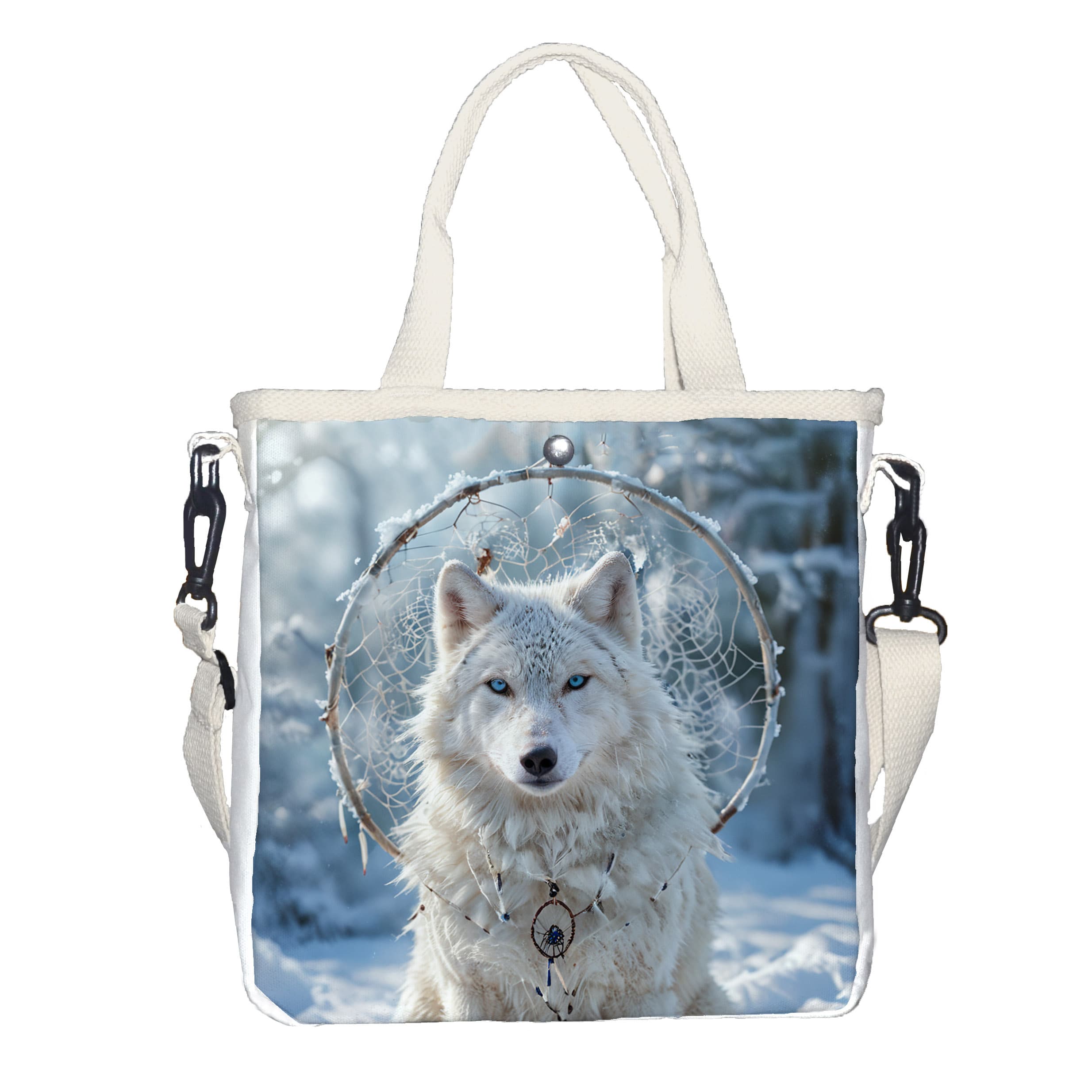 TEMU Snow Wolf Printed Handbag, Fashionable Casual Metal Button Shoulder Bag, Detachable Shoulder Strap, Foldable Handbag, Easy To Carry On The Go