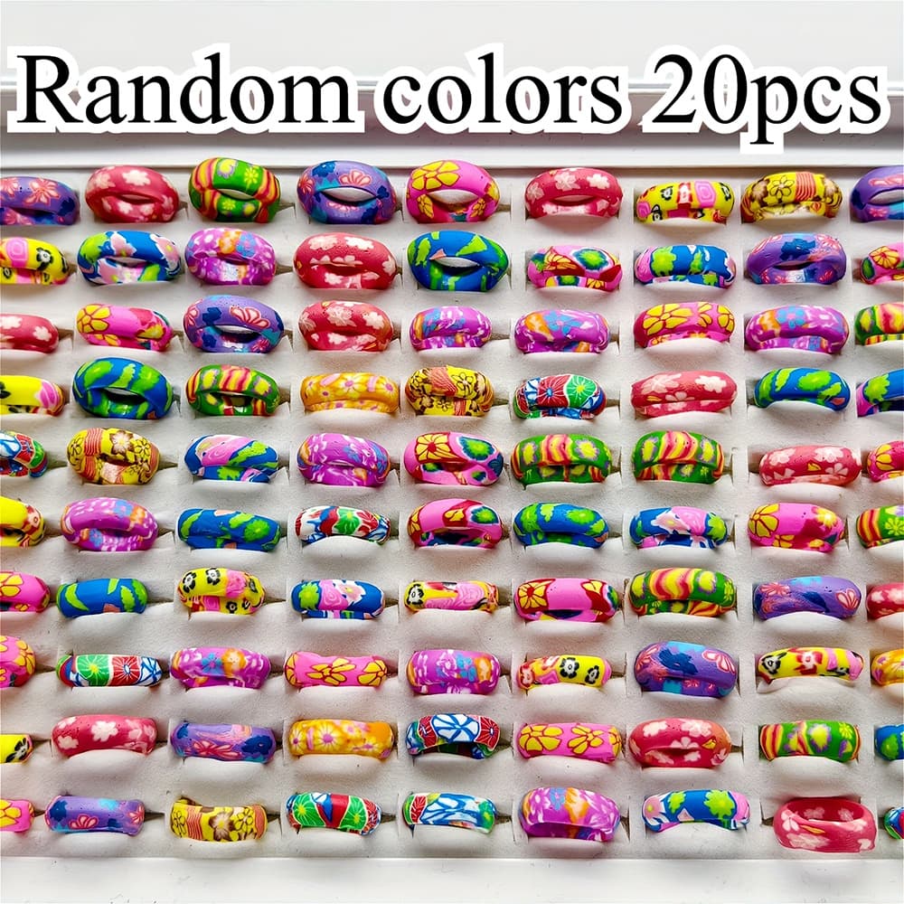 TEMU Random Colors 20pcs Vibrant Rainbow Ring Set With Geometric And Floral Designs, Polymer Clay Material, Random Size Jewelry, Suitable For Teenager And Teenagers, For Teenager, For Teenager