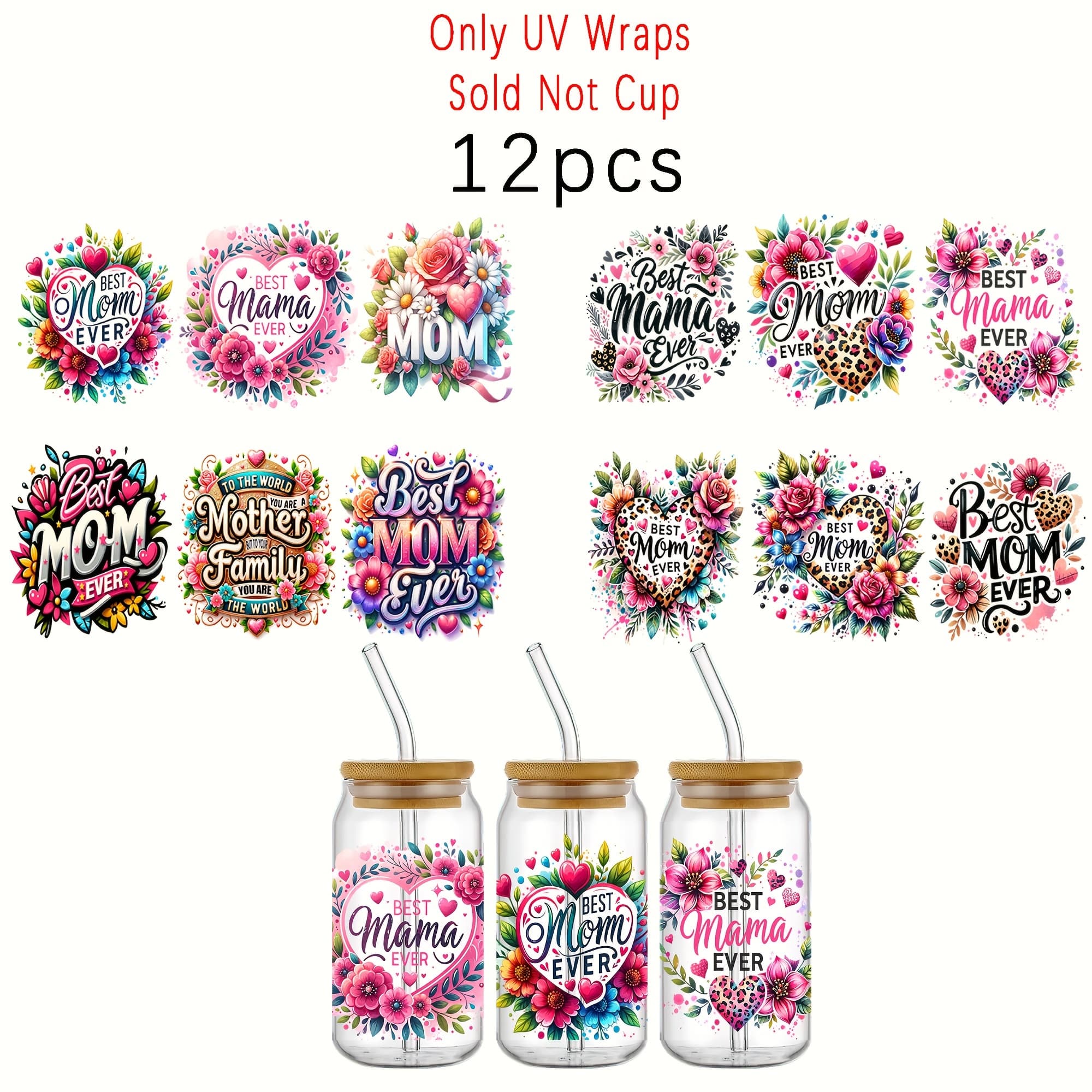 TEMU 12-pieceset Of Floral Designs Uv Dtf Adhesive Plastic Cup, Scratch-resistant 3d Crystal Transfer, Suitable For Glassware And Bottles- High- Supplies(4.3 X 9.4inch)