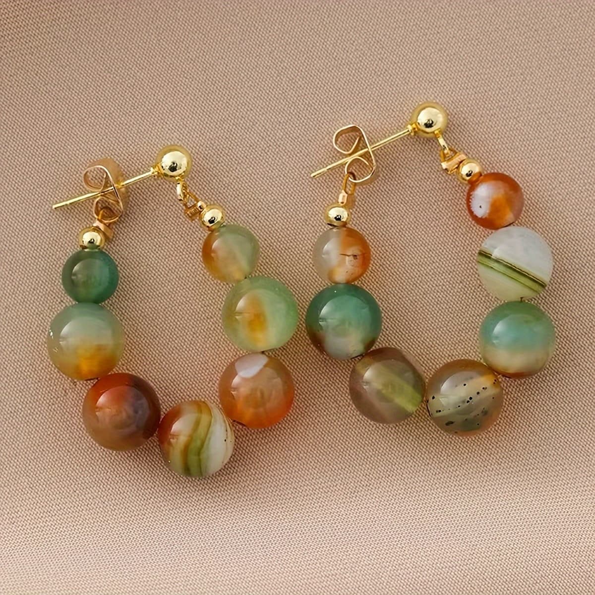 TEMU Pair Of Vintage Elegant Colorful Agate Bead Drop Earrings For Women, Holiday, Birthday, Date, Banquet, Party, Vacation, Shopping, Daily Accessories (natural Stone Colors May Slightly)