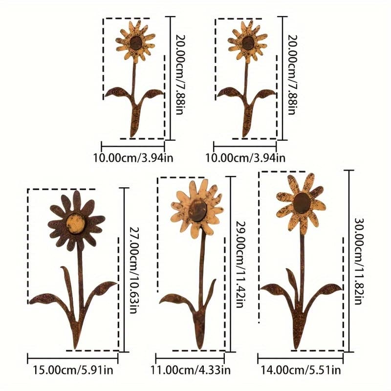 TEMU 5pcs Set Rusty Metal Sunflower Stakes | Vintage Bronze Pa Tina Material For Outdoor Balcony Pot Decoration Set