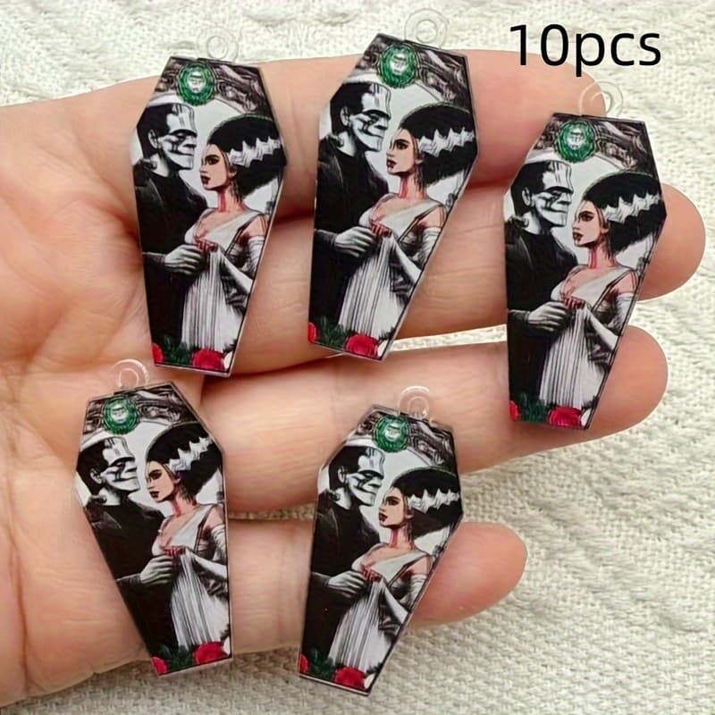TEMU 10pcs Acrylic Halloween Pendants - Gothic Couple Design With Bats, Roses & , Suitable For Making, Earrings, Keychain Accessories Carnival Party Decorations, Halloween Ornaments