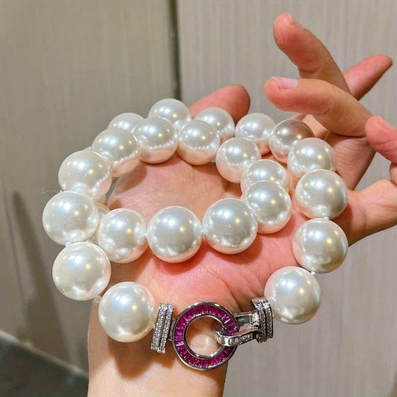 TEMU 1pc Of Elegant And Simple 10mm Large-grain Shell Bead Necklace Clavicle Chain Sweater Chain, High-quality Necklace, Suitable For Daily Wear And A Of Important Occasions, For Family, And