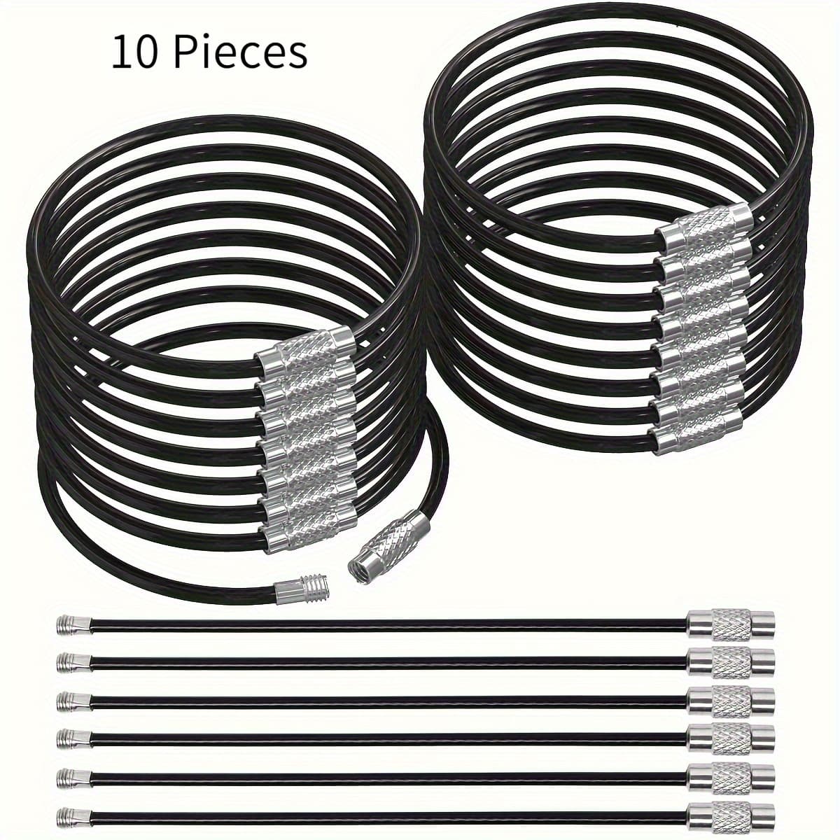 TEMU 10pcs Stainless Steel Cable Key Rings- Black Coated With Lock, Multi-ring Design Suitable For Car Keys, Outdoor And Daily Use, Multi-functional Key Pendant, Metallic Texture