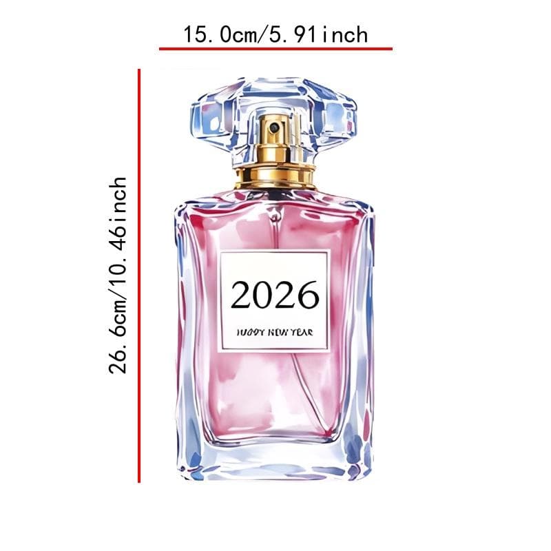TEMU Elegant Perfume Bottle With 2026 Label - 2-pack Stickers - Durable Vinyl Material, Waterproof And Scratch-, Perfect For Windows, Laptops, And Travel Bags