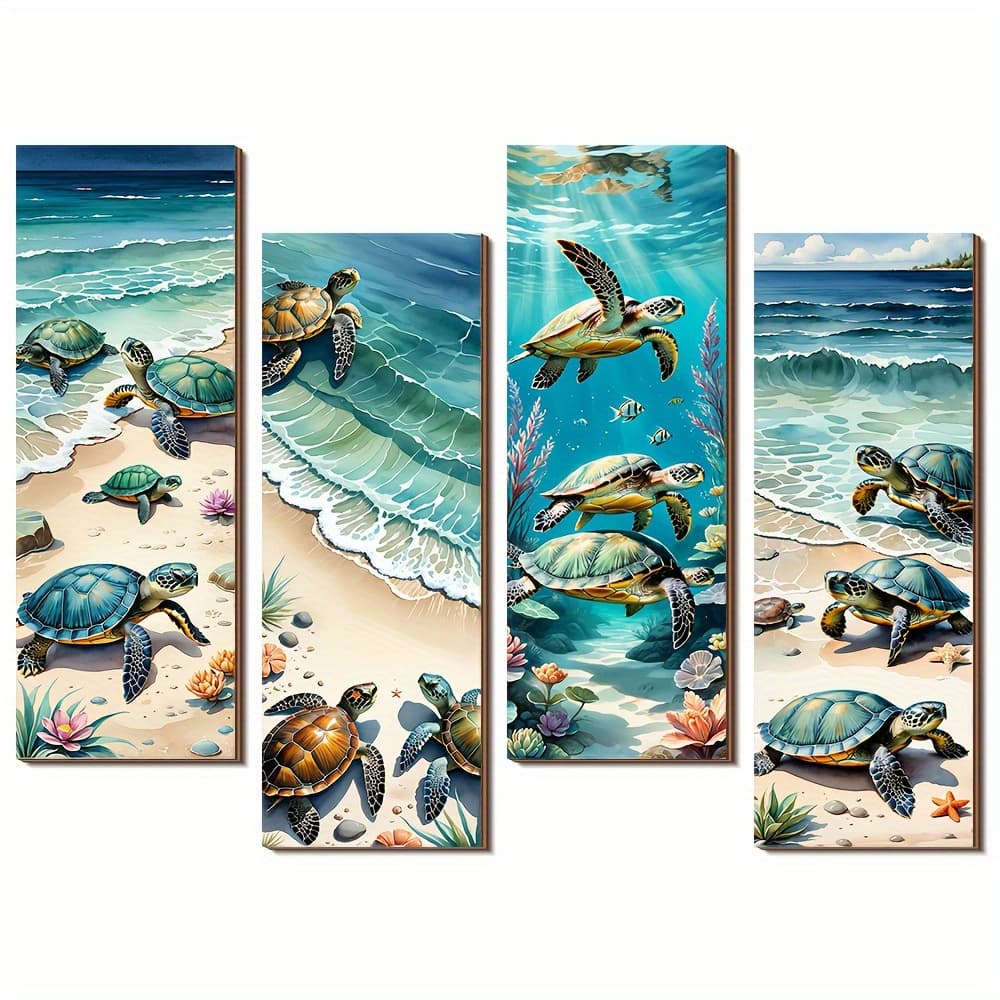 TEMU 2d Flat, 4pcs Rustic Wooden Turtle Wall Art Set, Marine Theme, Frameless Wall Decoration, Suitable For Living Room, Bathroom, Bedroom - English Text, 2d Flat, Room Decoration, 2d Flat, Room Decor