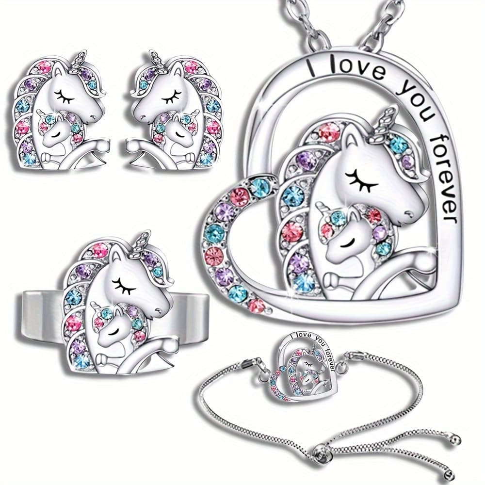TEMU 4pcs/set Colorful Unicorn Pendant Necklace Bracelet Earrings Rings As Celebratory Holiday Gift, Party Party Jewelry For Daughters And Granddaughters