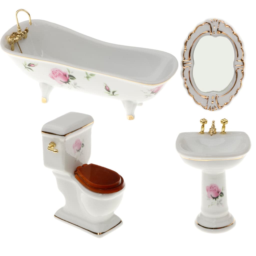 TEMU 4pcs Ceramic Victorian Bathroom Set Bathtub Sink Toilet Mirror For 1/12 Dollhouse Miniature Scene Christmas New Year Easter Gift