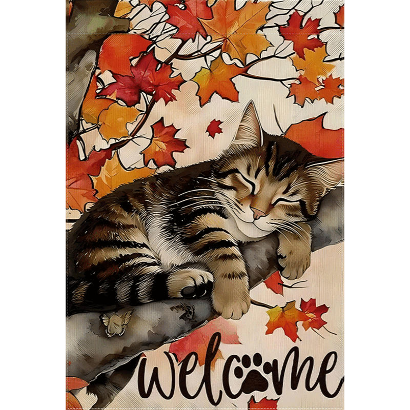 TEMU 1pc Autumn Kitten Sleeping On Tree, Welcome Harvest, Autumn Garden Flag, Home Decoration, Outdoor Decoration, Yard Decoration, Garden Decoration, Holiday Decoration Double-sided Flag 12x18inch